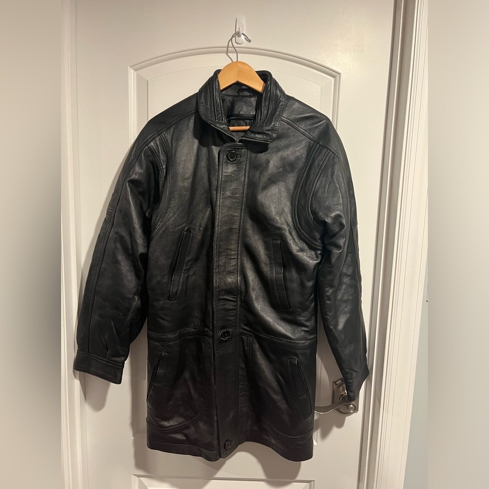 Vintage Leather Coat w/ Zipper and Buttons